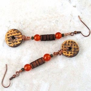 Brown and Orange Wood Earrings with Copper Hooks